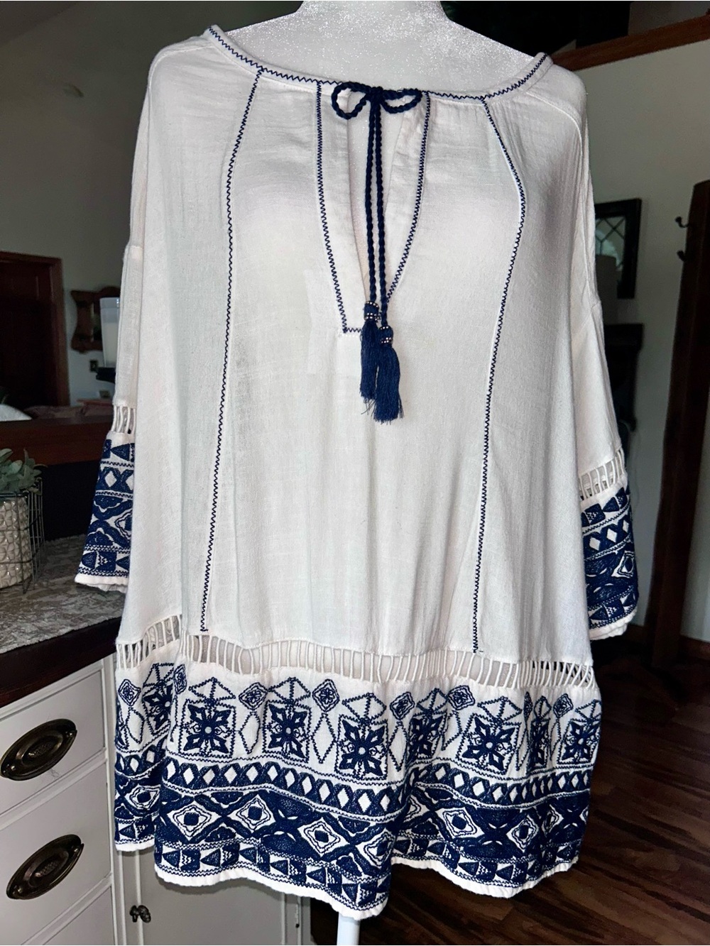 Free People Cream Tunic with Navy Embroidered Hem & Tassels